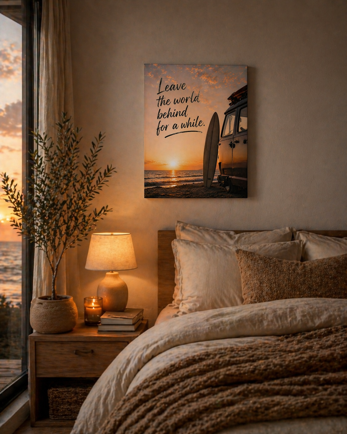 Surfer Sunset Canvas Wall Art — "Leave the World Behind for a While"
