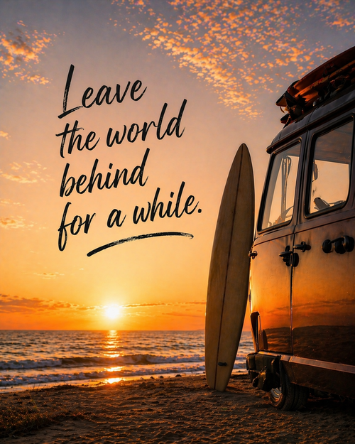Surfer Sunset Canvas Wall Art — "Leave the World Behind for a While"